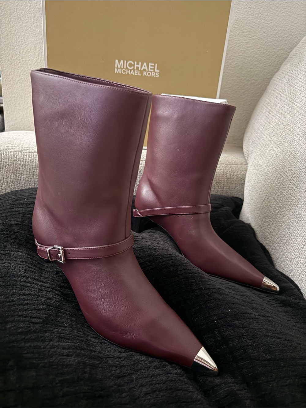 Michael Kors Burgundy Leather Pointed Toe Mid-Calf Boots with Silver Cap